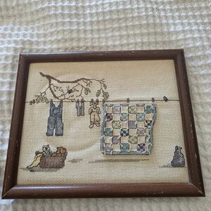 Vintage Cross-Stitch Art with Wooden Frame